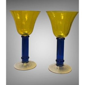 Yellow/Cobalt Blue Stems Goblets Set Of 2 Hand Blown Thick Barware Rare Vintage